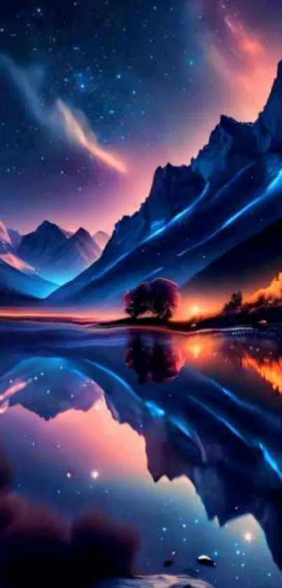 Mountain night reflected in calm water, vibrant colors.