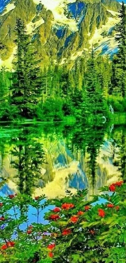 Majestic mountains reflect in a tranquil lake surrounded by green trees and flowers.