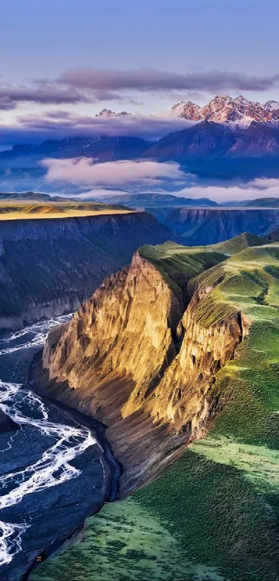 Breathtaking mountain landscape with river and greenery.