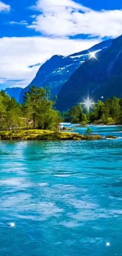 Mountain river with blue water and green trees under a bright sky.