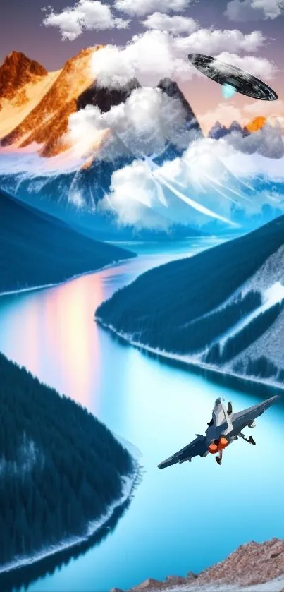 Mountain river at sunset with snowy peaks.