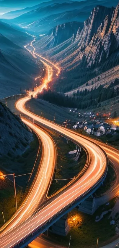 A stunning nighttime view of an illuminated winding mountain road.