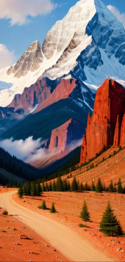 Majestic mountain with red rocks and scenic road wallpaper.