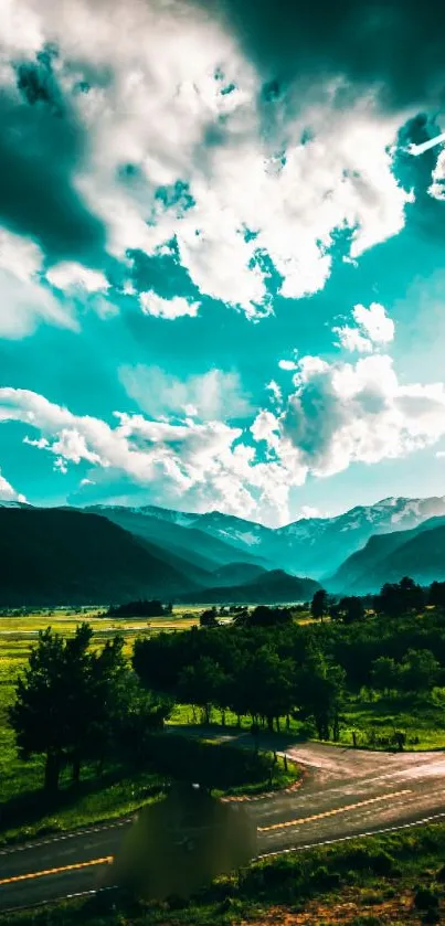 Breathtaking mountain view with clouds and lush green fields.