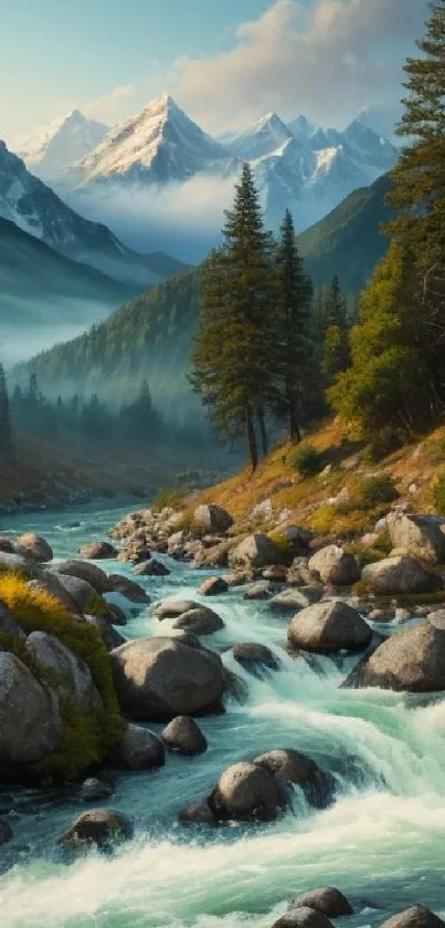 A serene mountain stream with forest and snowy peaks in the background.