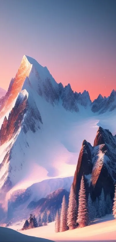 Snow-covered mountain peaks at sunrise with vibrant sky hues.