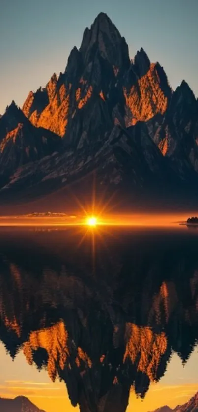Majestic mountain with a glowing sunset reflected in water.