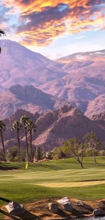 Scenic view of a sunset over mountains with palm trees and a vibrant sky.