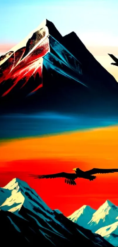 Eagle soaring over mountain sunset with vibrant colors.