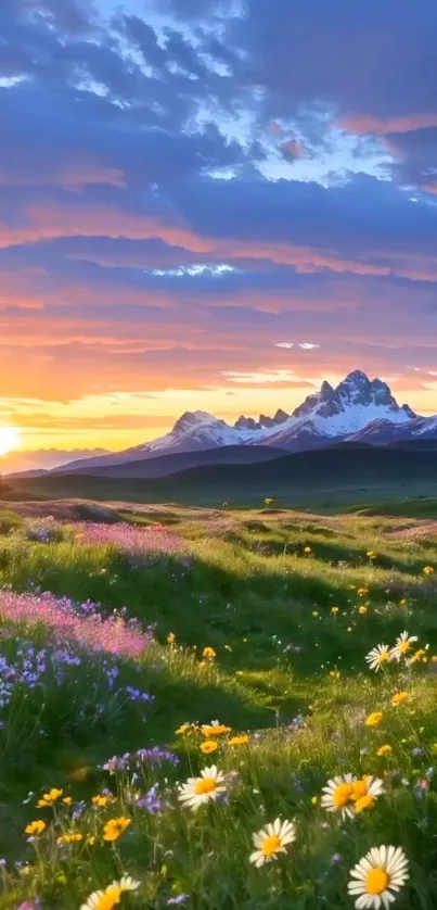 Sunset over mountains with wildflowers and a vibrant purple sky.