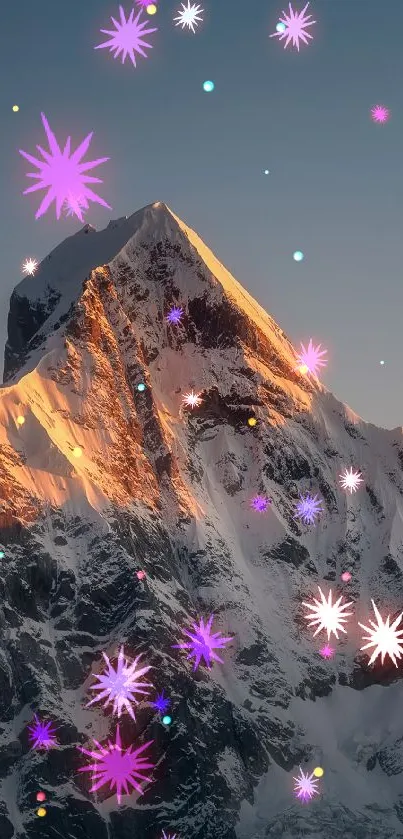 Sunset-lit mountain peak with snow and orange hues.