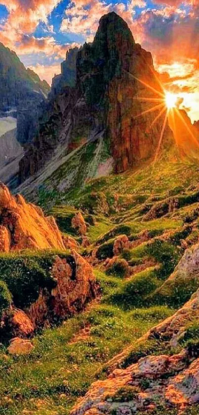 Mountainous sunset with vibrant orange and green landscape.