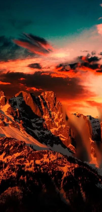 Fiery sunset over mountain landscape wallpaper.