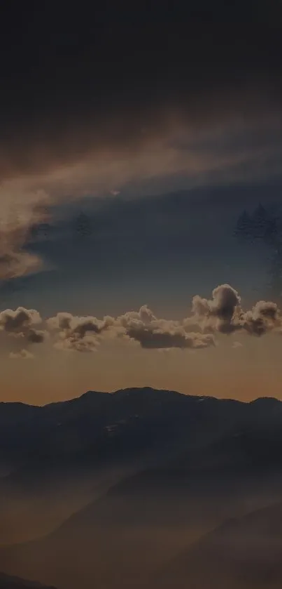 Silhouetted mountains at sunset with golden clouds in a dramatic sky.