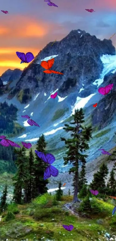 Vibrant mountain sunset scene with towering peaks and lush greenery.