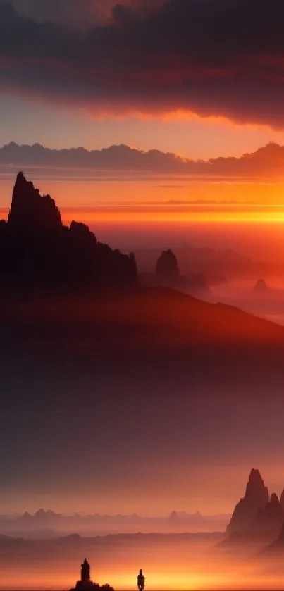 Breathtaking sunset over mountains with vivid orange sky.