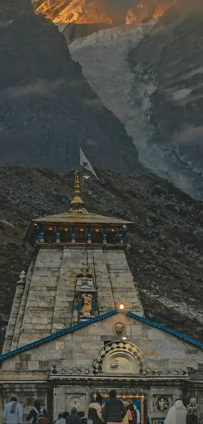 Majestic mountain temple at sunset with scenic views.