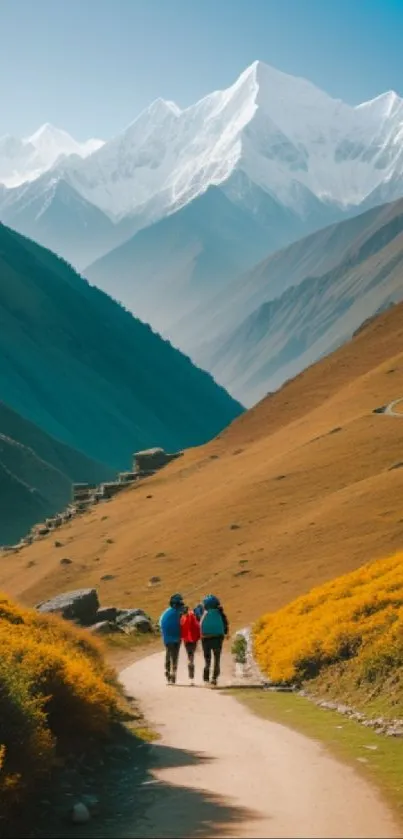 Hikers on a scenic mountain valley path with snowy peaks.