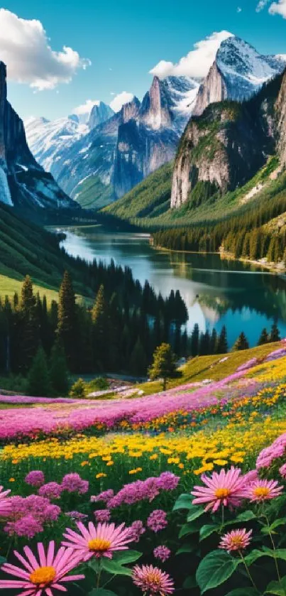 Colorful mountain valley with flowers and scenic vistas for your mobile wallpaper.