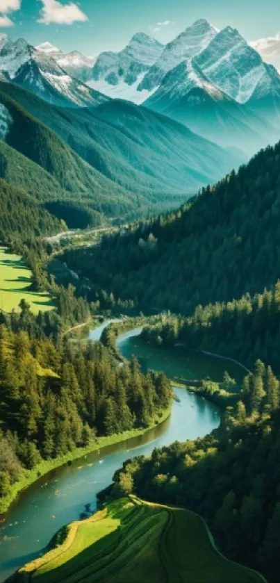 Breathtaking view of a mountain valley with a winding river.