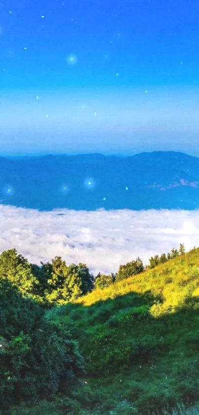 Lush mountain view with blue sky and clouds.