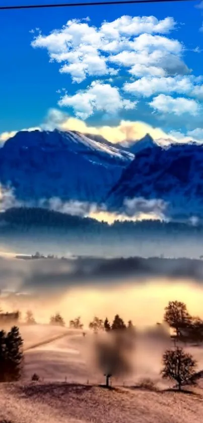 Serene mountain landscape with cloudy sky and trees.