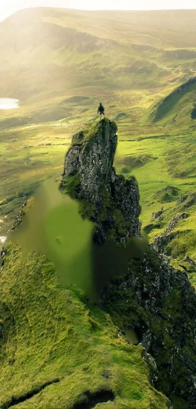 Man standing atop a green mountain peak with a scenic landscape view.