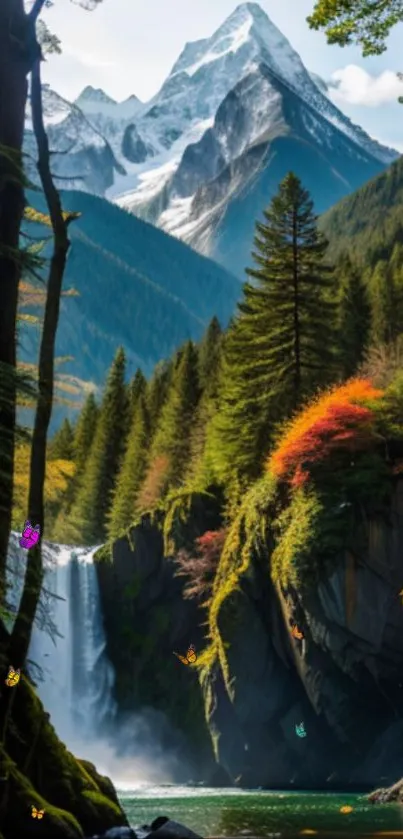 Mountain waterfall with lush greenery and autumn colors.