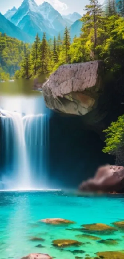 Mountain waterfall with clear turquoise pool and lush greenery.