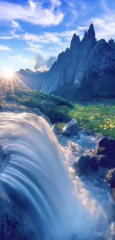 Breathtaking mountain view with a flowing waterfall under a vivid blue sky.