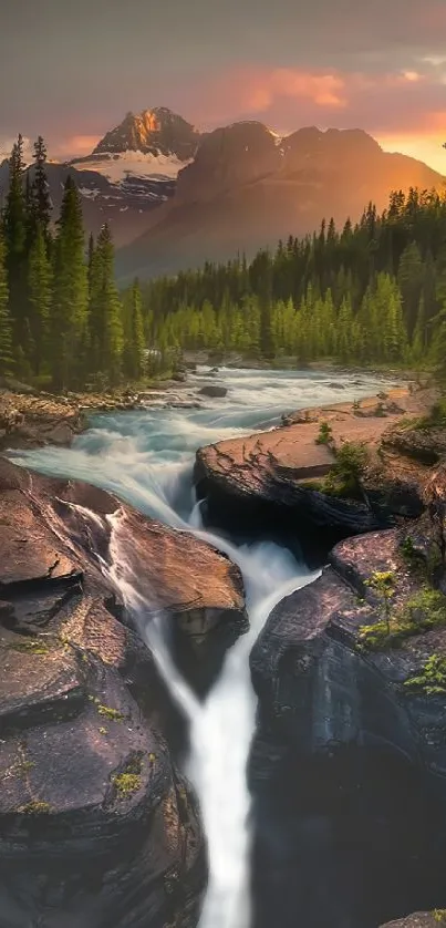 Waterfall surrounded by mountains and forest at sunset creating a serene landscape.