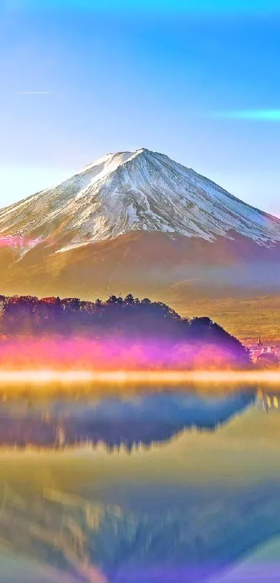 Stunning Mt. Fuji reflected in calm waters under a bright blue sky.