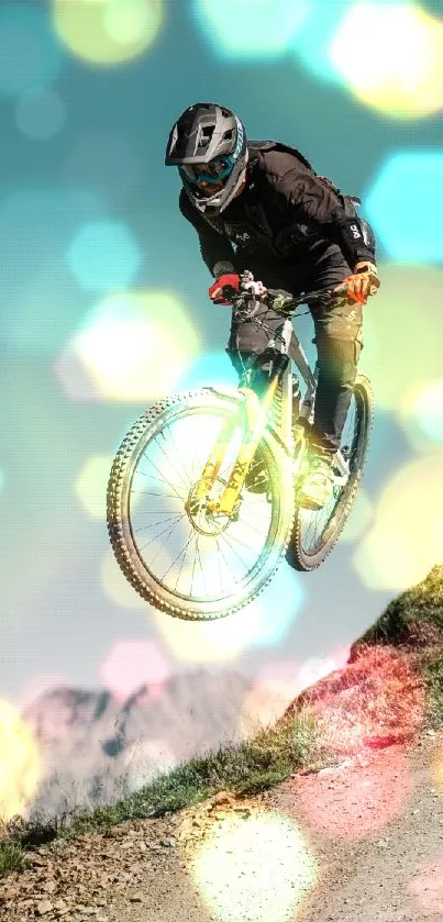 Mountain biker with bokeh background, vibrant colors.