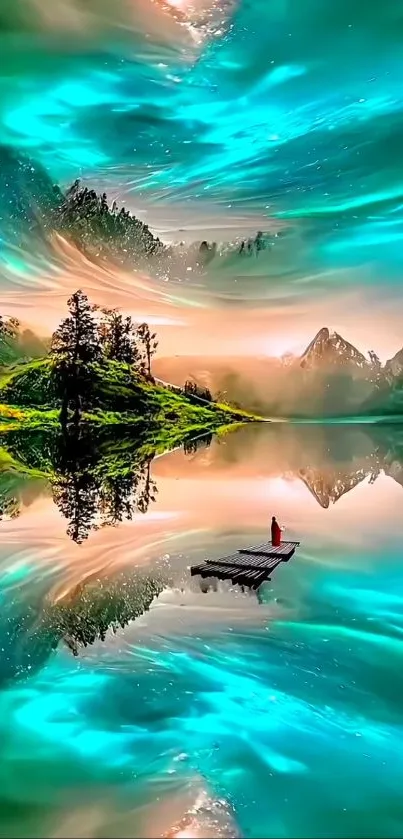 Mesmerizing turquoise aurora over serene lake and lush landscape.