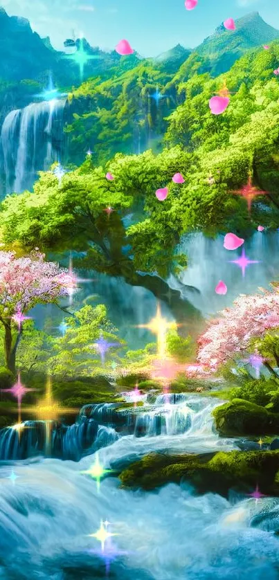 Lush nature scene with waterfalls and blossoms.