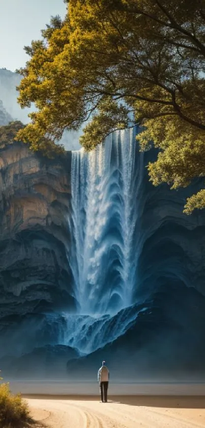 Majestic waterfall in a lush landscape with vibrant greenery and clear skies.