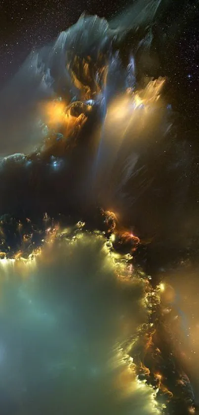 Vibrant nebula showcasing colorful cosmic clouds with stars in the background.