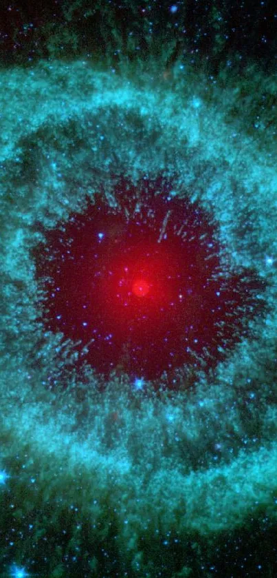 Stunning teal and red nebula mobile wallpaper featuring cosmic patterns.