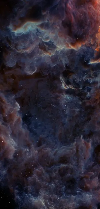 Dark blue and orange nebula with cloud-like patterns in space.