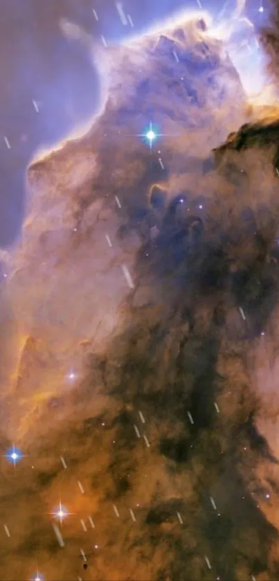 Cosmic cloud with stars and nebula in vivid orange-brown hues.