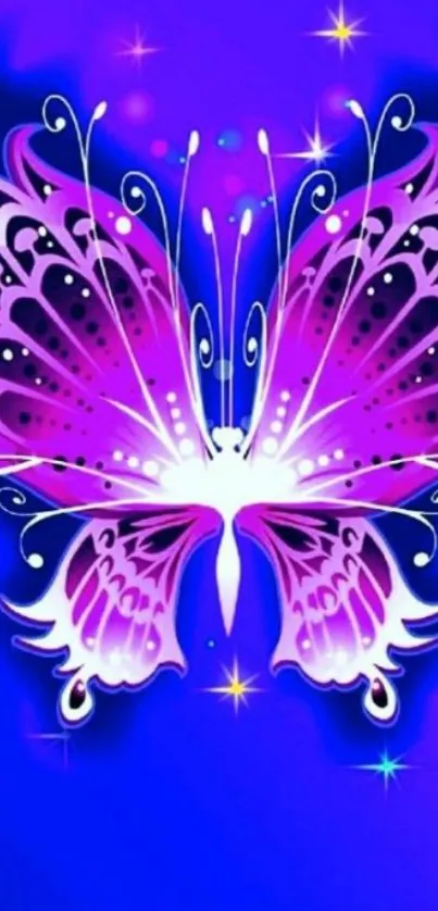 Vibrant neon butterfly on a blue background with artistic details.