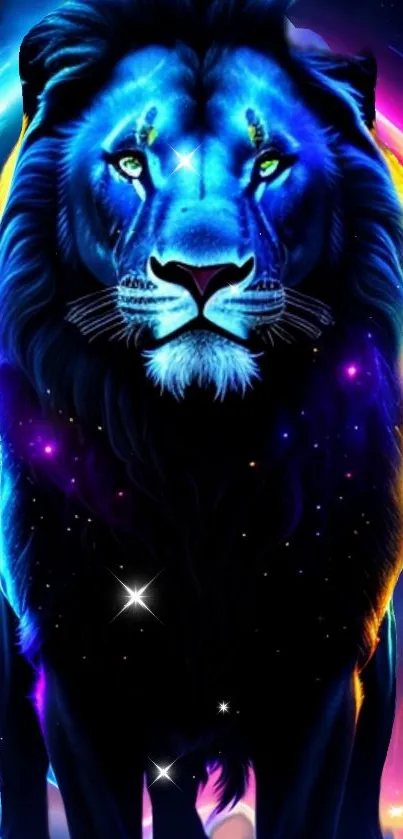 Neon blue lion with cosmic background and vibrant colors.