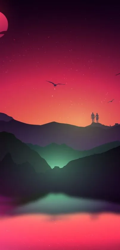 Neon mountain landscape with sunset and silhouetted figures.