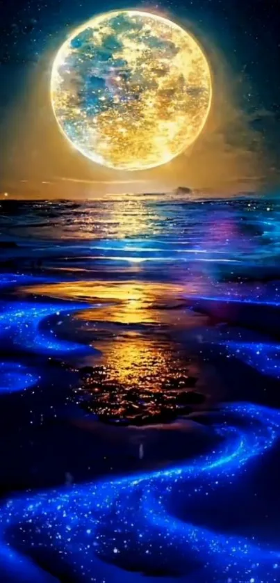 Surreal neon ocean and moonlit sky phone wallpaper.