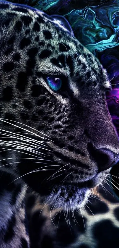 Majestic panther with neon blue eyes and vibrant background.