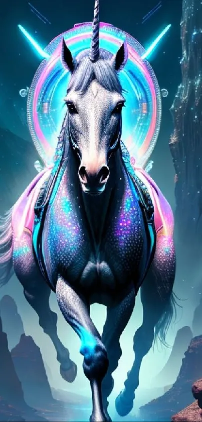 Majestic neon unicorn in a futuristic digital landscape.