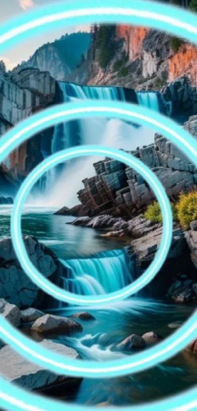 Mobile wallpaper of a waterfall with neon circles.