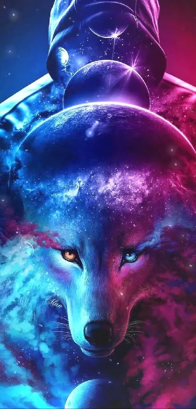 Neon wolf in cosmic hoodie with vibrant colors.