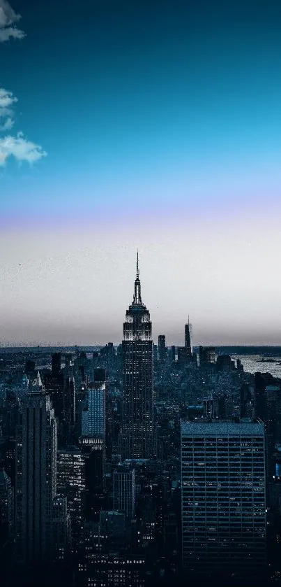 A stunning view of New York City skyline with bright blue sky.