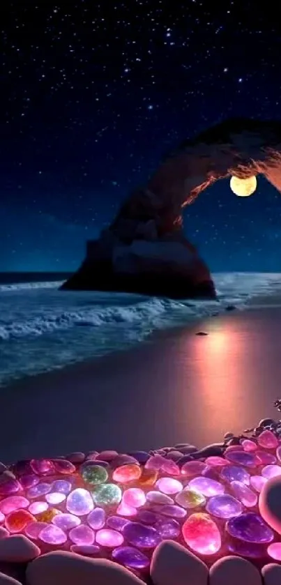 Night beach with colorful stones and moonlight reflection on ocean waves.